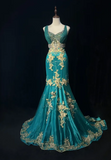 V Neck Mermaid Long Prom Dresses Satin Applique Blue Evening Dresses HZ1024