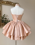 Halter Ball Gown Peach Homecoming Dresses Sleeveless Birthday Dresses Satin Party Dresses HZ1024