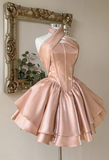 Halter Ball Gown Peach Homecoming Dresses Sleeveless Birthday Dresses Satin Party Dresses HZ1024