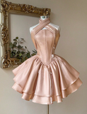 Halter Ball Gown Peach Homecoming Dresses Sleeveless Birthday Dresses Satin Party Dresses HZ1024