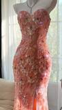 Mermaid Coral Formal Dresses Tulle Sequin Sweetheart Neck Long Prom Dresses Coral Evening Dresses HZ1024