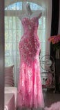 Mermaid Coral Formal Dresses Tulle Sequin Sweetheart Neck Long Prom Dresses Coral Evening Dresses HZ1024