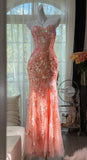 Mermaid Coral Formal Dresses Tulle Sequin Sweetheart Neck Long Prom Dresses Coral Evening Dresses HZ1024