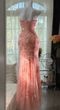 Mermaid Coral Formal Dresses Tulle Sequin Sweetheart Neck Long Prom Dresses Coral Evening Dresses HZ1024