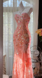 Mermaid Coral Formal Dresses Tulle Sequin Sweetheart Neck Long Prom Dresses Coral Evening Dresses HZ1024