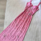 Spaghetti Strap Sheath Wedding Guest Dresses Beaded Satin Pink Long Formal Dresses HZ1024