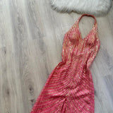 Halter Sheath Long Prom Dresses with Open Back, Chiffon Sequins Hot Pink Formal Dresses HZ1024
