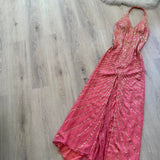 Halter Sheath Long Prom Dresses with Open Back, Chiffon Sequins Hot Pink Formal Dresses HZ1024