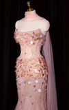 Strapless Mermaid Long Prom Dresses, Beaded Sequin Tulle Evening Gowns Pink Formal Dresses HZ1024