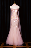 Strapless Mermaid Long Prom Dresses, Beaded Sequin Tulle Evening Gowns Pink Formal Dresses HZ1024