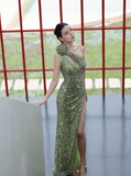 One Shoulder Sheath Long Prom Dresses, Sequin Green Wedding Guest Dresses with Slit HZ1024