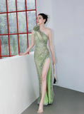 One Shoulder Sheath Long Prom Dresses, Sequin Green Wedding Guest Dresses with Slit HZ1024