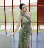 One Shoulder Sheath Long Prom Dresses, Sequin Green Wedding Guest Dresses with Slit HZ1024