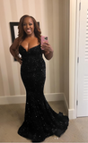 Sweetheart Mermaid Long Prom Dresses , Black Evening Dresses Sequined Wedding Guest Dresses HZ1024