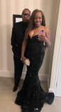 Sweetheart Mermaid Long Prom Dresses , Black Evening Dresses Sequined Wedding Guest Dresses HZ1024