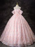 Off Shoulder Tulle Lace Pink Long Prom Dress, Pink Sweet 16 Dress HZ1024