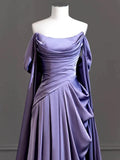 Purple A-Line Off Shoulder Satin Long Prom Dress Formal Evening Dress HZ1024