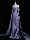 Purple A-Line Off Shoulder Satin Long Prom Dress Formal Evening Dress HZ1024