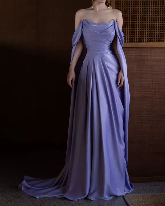 Purple A-Line Off Shoulder Satin Long Prom Dress Formal Evening Dress HZ1024