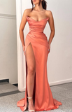 Strapless Sheath Long Prom Dresses , Orange Slit Evening Dresses HZ1024
