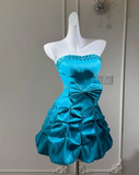 A-line Short Prom Dresses, Taffeta Blue Homecoming Dresses Strapless Birthday Dresses HZ1024