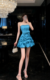 A-line Short Prom Dresses, Taffeta Blue Homecoming Dresses Strapless Birthday Dresses HZ1024