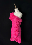 One Shoulder Tight Homecoming Dresses Pink Short Prom Dresses, Pleated Taffeta Birthday Dresses HZ1024