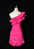 One Shoulder Tight Homecoming Dresses Pink Short Prom Dresses, Pleated Taffeta Birthday Dresses HZ1024