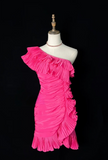 One Shoulder Tight Homecoming Dresses Pink Short Prom Dresses, Pleated Taffeta Birthday Dresses HZ1024