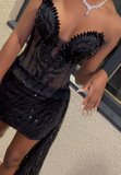 Sweetheart Bodycon Homecoming Dresses Beaded Tulle Short Prom Dresses Black Birthday Dresses HZ1024