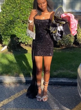 Strapless Bodycon Homecoming Dresses Sequined Short Prom Dresses Black Birthday Dresses HZ1024
