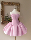 Strapless A-Line Homecoming Dresses Satin Short Prom Dresses Pink Birthday Dresses HZ1024