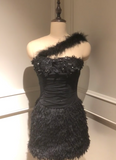 One Shoulder Sheath Homecoming Dresses Tulle Applique Short Prom Dresses Black Birthday Dresses HZ1024