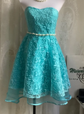 Strapless A-Line Short Prom Dresses Lace Blue Homecoming Dresses Birthday Dresses HZ1024