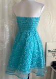 Strapless A-Line Short Prom Dresses Lace Blue Homecoming Dresses Birthday Dresses HZ1024