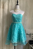 Strapless A-Line Short Prom Dresses Lace Blue Homecoming Dresses Birthday Dresses HZ1024