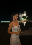 Spaghetti Strap Sheath Short Prom Dresses Satin Silver Homecoming Dresses Birthday Dresses HZ1024