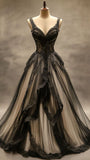 V-neck A-Line Long Prom Dresses Glitter Tulle Black Evening Dresses HZ1024
