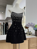 A-Line Black Homecoming Dresses Strapless Formal Dresses Rhinestone Satin Mini Birtdhay Dresses Strapless Formal Dresses HZ1024