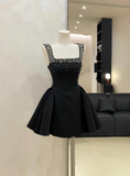 A-Line Black Homecoming Dresses Rhinestone Satin Mini Birtdhay Dresses Square Neck Formal Dresses HZ1024