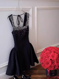 A-Line Black Homecoming Dresses Rhinestone Satin Mini Birtdhay Dresses Square Neck Formal Dresses HZ1024