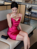 Spaghetti Strap Sheath Short Prom Dresses Satin Sleeveless Birthday Dresses Hot Pink Homecoming Dresses HZ1024
