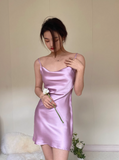 Spaghetti Strap Sheath Short Prom Dresses Purple Birthday Dresses Satin Sleeveless Homecoming Dresses HZ1024