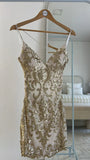 Spaghetti Strap Sheath Short Prom Dresses Sequined Backless Birthday Dresses Gold Sleeveless Homecoming Dresses HZ1024