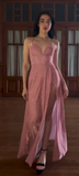 Spaghetti Strap A-Line Long Prom Dresses with Slits Open Back Dusty Pink Formal Dresses HZ1024