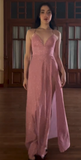 Spaghetti Strap A-Line Long Prom Dresses with Slits Open Back Dusty Pink Formal Dresses HZ1024