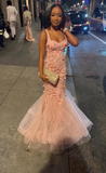 Straps Mermaid Long Prom Dresses with Appliqu¨¦ Tulle Pink Formal Dresses Sweet Birthday Dresses HZ1024