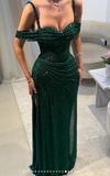 Spaghetti Strap Sheath Long Prom Dresses Sparkly Tulle Dark Green Evening Gowns HZ1024
