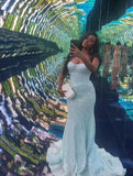 Strapless Mermaid Long Prom Dresses Tulle Light Blue Evening Gowns HZ1024
