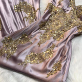 V-neck Sheath Long Prom DResses Satin Sequins Gray Purple Formal Dresses HZ1024